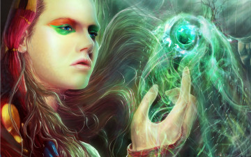 Картинка фэнтези девушки магия девушка шар макияж сфера капюшон