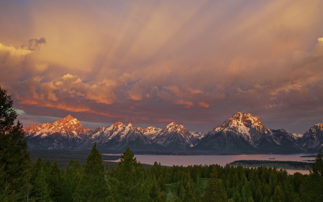 Обои картинки фото природа, реки, озера, штат, вайоминг, сша, национальный, парк, гранд-титон, лес, небо, горы, утро, озеро