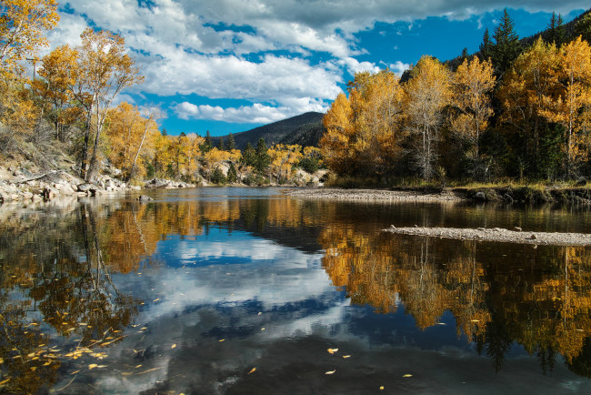 Обои картинки фото природа, реки, озера, река, лес, осень, небо, облака