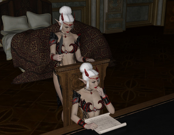 Обои картинки фото 3д графика, эльфы , elves, эльфийки, взгляд, фон, интерьер