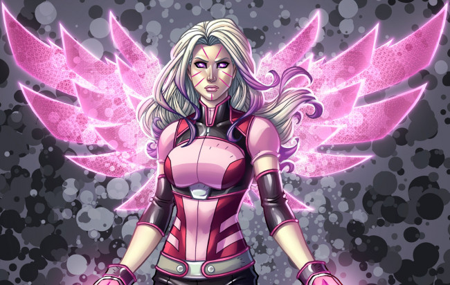 Обои картинки фото рисованное, комиксы, фантастика, арт, супергерой, костюм, девушка, взгляд, крылья