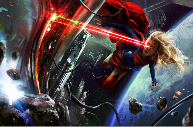 Обои картинки фото рисованное, комиксы, пришелец, луч, плащ, супергерой, kara, zor-el, девушка, supergirl