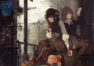 Картинка аниме город +улицы +здания девушки