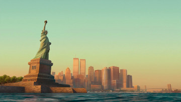 Картинка рисованное города небоскреб здания статуя водоем