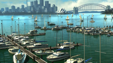 Картинка рисованное города водоем мост причал яхты здания