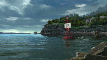 Картинка рисованное природа маяк облака здание деревья водоем