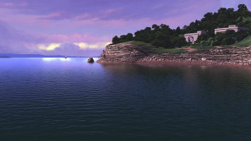 Картинка рисованное природа водоем деревья облака здание