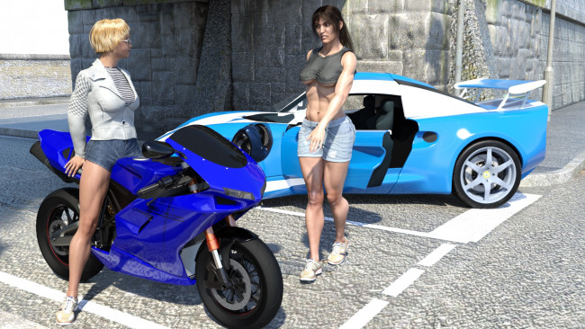 Обои картинки фото 3д графика, люди-авто, мото , people- car ,  moto, девушки, взгляд, фон