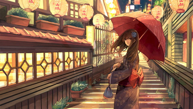 Обои картинки фото аниме, город,  улицы,  здания, девушка