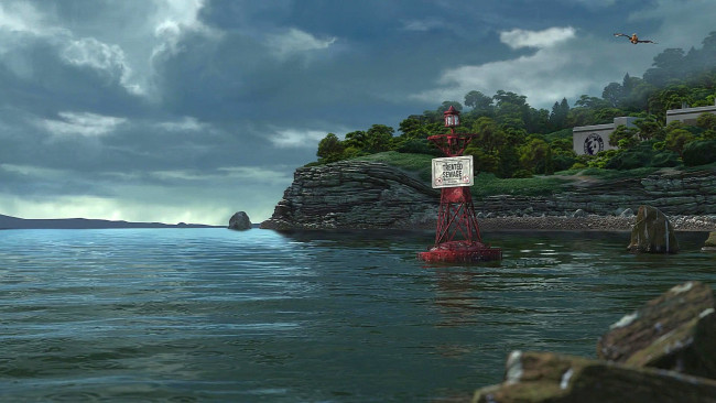 Обои картинки фото рисованное, природа, маяк, облака, здание, деревья, водоем