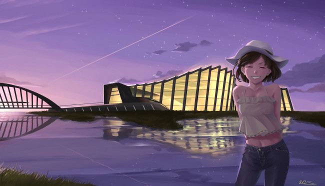 Обои картинки фото аниме, город,  улицы,  здания, девушка