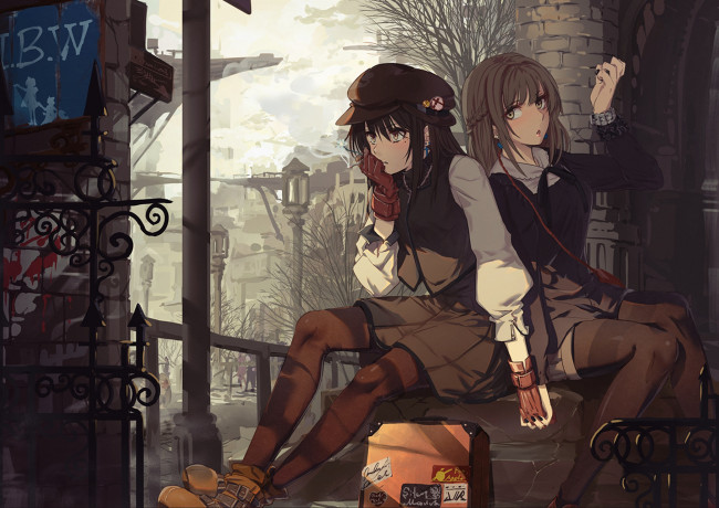 Обои картинки фото аниме, город,  улицы,  здания, девушки