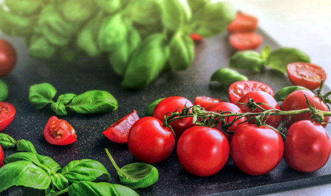 Обои картинки фото еда, помидоры, базилик, томаты