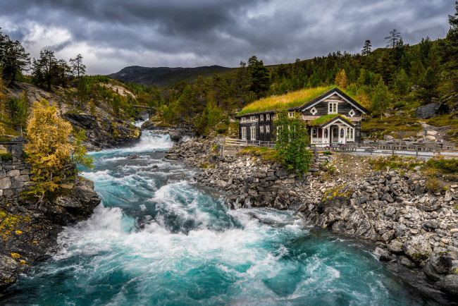 Обои картинки фото природа, реки, озера, горы, облака, ели, вода, поток, течение, берег, дом, тучи, крыша, трава, речка, домик, особняк, водоем, пороги, норвегия, холмы, пасмурно, река, камни, небо, лес, осень