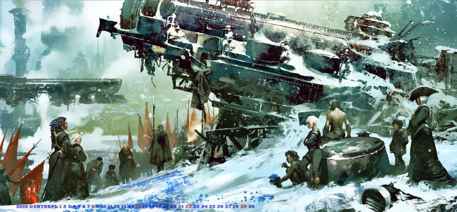 Обои картинки фото календари, фэнтези, сооружение, calendar, 2019, люди, механизм, человек