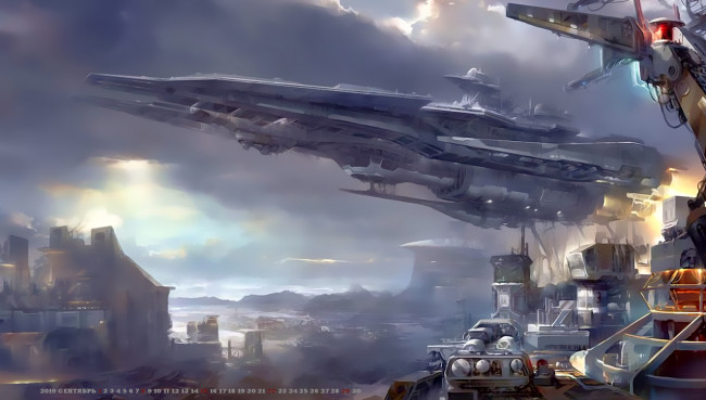 Обои картинки фото календари, фэнтези, звездолет, планета, 2019, calendar