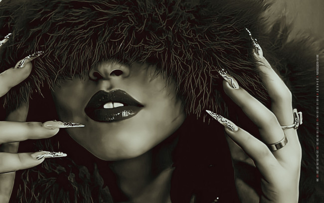 Обои картинки фото календари, компьютерный дизайн, лицо, девушка, маникюр, украшение, 2019, мех, женщина, calendar