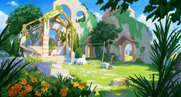 Картинка рисованное города развалины деревья цветы