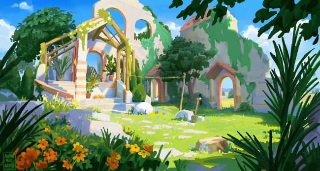 Обои картинки фото рисованное, города, развалины, деревья, цветы