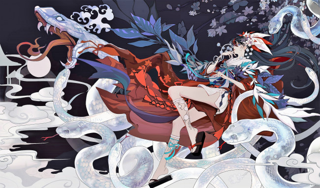 Обои картинки фото аниме, животные,  существа, девушка, змеи