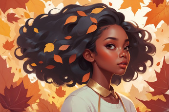 обоя рисованное, люди, девушка, лицо, осень, листья