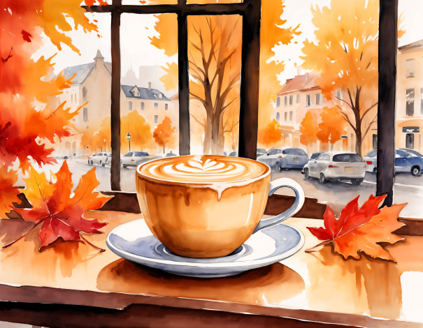 Обои картинки фото рисованное, еда, чаша, кофе, листья, осень, окно, город, дома, машины