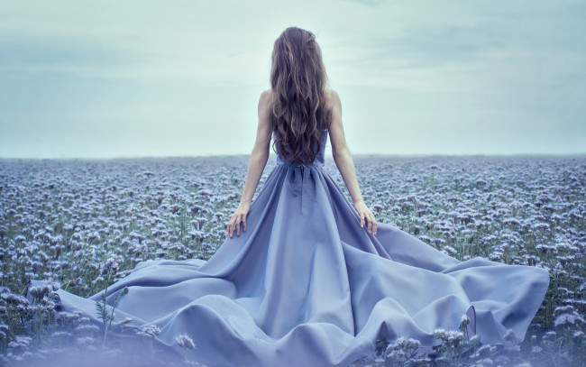 Обои картинки фото девушки, -unsort , брюнетки,  шатенки, девушка, спина, платье, шлейф, природа