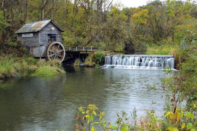 Обои картинки фото разное, мельницы, лес, река, мельница, водяная