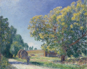 Картинка alfred+sisley+-+a+forest+clearing рисованное alfred+sisley человек дорога деревья небо