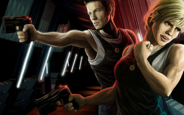 Картинка рисованное люди мужчина оружие фон взгляд девушка