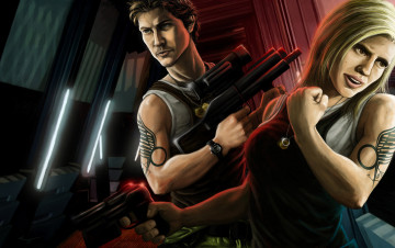 Картинка рисованное люди мужчина оружие фон взгляд девушка