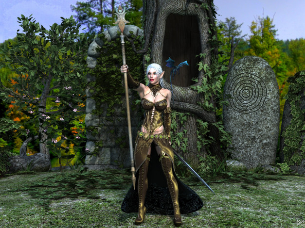 Обои картинки фото 3д графика, эльфы , elves, фон, взгляд, эльфийка, дракон, посох