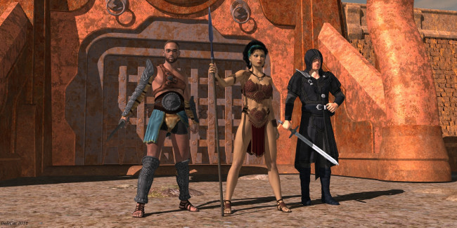 Обои картинки фото 3д графика, фантазия , fantasy, девушка, взгляд, фон, оружие, мужчины