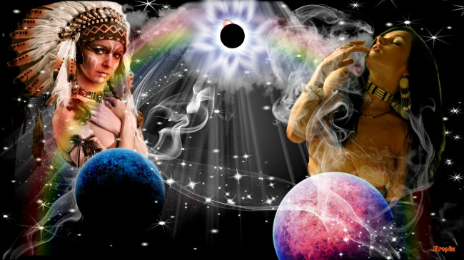 Обои картинки фото девушки, -unsort , креатив, звезды, планеты, абстракция, дым, индианки