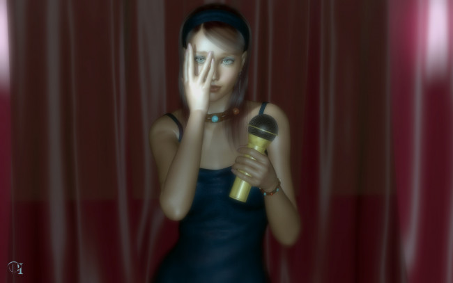 Обои картинки фото 3д графика, люди , people, девушка, взгляд, фон, микрофон