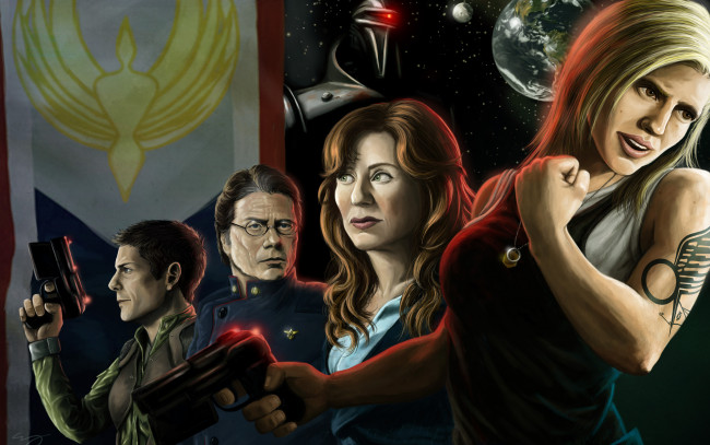 Обои картинки фото рисованное, люди, фон, взгляд, оружие, девушки, мужчины