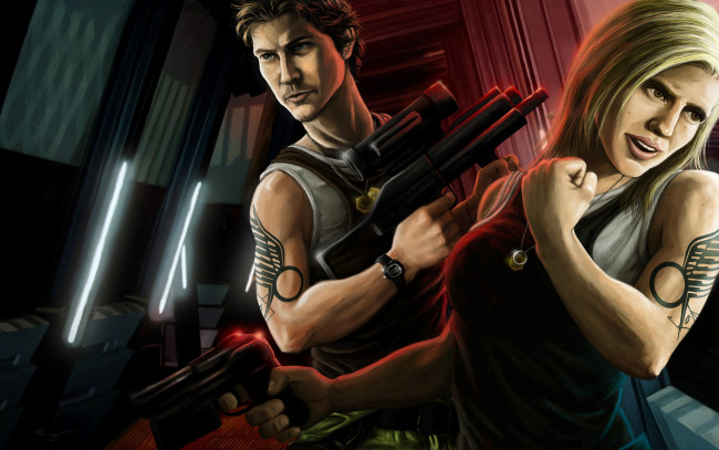 Обои картинки фото рисованное, люди, мужчина, оружие, фон, взгляд, девушка