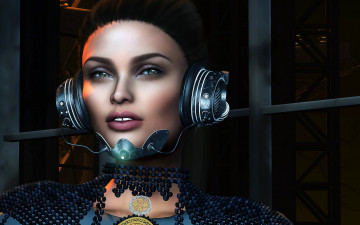 Картинка 3д+графика фантазия+ fantasy лицо наушники фон девушка взгляд