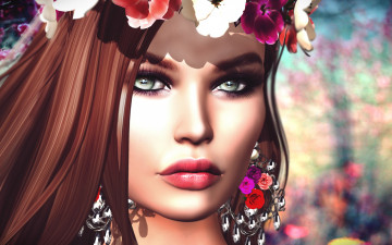Картинка 3д+графика портрет+ portraits девушка губы глаза лицо цветы