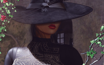 Картинка 3д+графика портрет+ portraits фон губы помада шляпа лицо