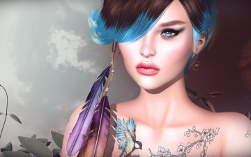 Картинка 3д+графика портрет+ portraits фон волосы перья девушка лицо