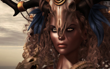 Картинка 3д+графика портрет+ portraits лицо мулатка взгляд девушка череп головной убор