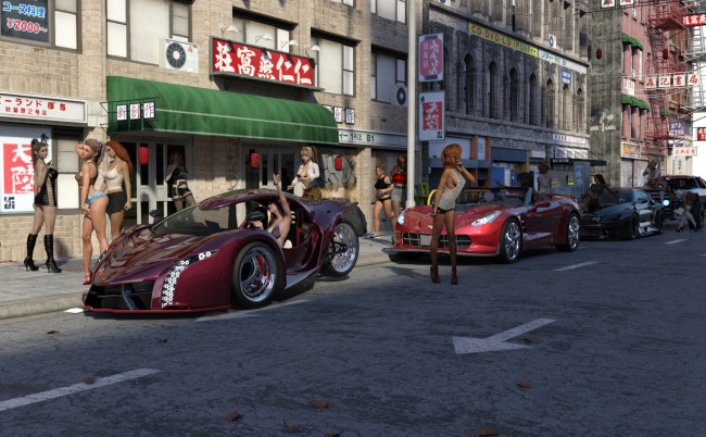 Обои картинки фото 3д графика, люди , people, взгляд, девушки, улица, фон