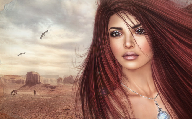 Обои картинки фото 3д графика, портрет , portraits, лицо, природа, волосы, пейзаж, красотка, взгляд