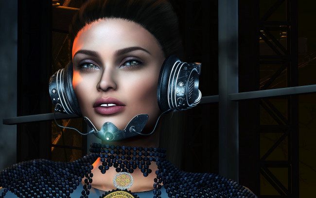 Обои картинки фото 3д графика, фантазия , fantasy, лицо, наушники, фон, девушка, взгляд