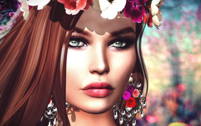 Обои картинки фото 3д графика, портрет , portraits, девушка, губы, глаза, лицо, цветы