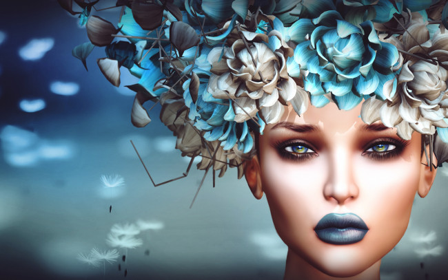 Обои картинки фото 3д графика, портрет , portraits, девушка, лицо, фон, цветы, взгляд, головной, убор