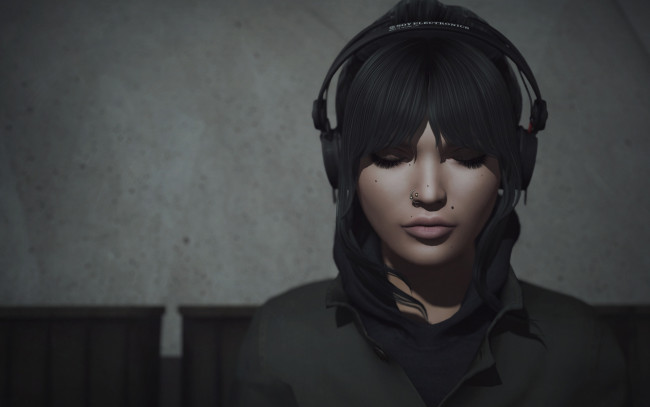 Обои картинки фото 3д графика, портрет , portraits, фон, девушка, лицо, наушники, волосы, музыка