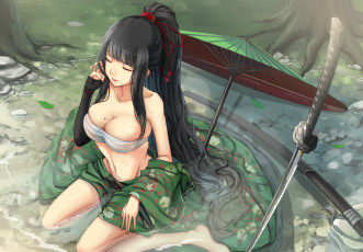 Картинка аниме оружие +техника +технологии anime tits kyojin big breast boobs girl kimono thigh titty busty boobies umbrella blade sword ken brunette huge asian maga bishojo katana kawaii japonese chest large strong