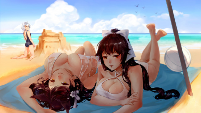 Обои картинки фото аниме, unknown,  другое, anime, big, tits, suan, beach, boobs, breast, bikini, sky, cloud, kumo, titty, busty, boobies, oppai, sea, sand, bishojo, kawaii, japonese, chest, manga
